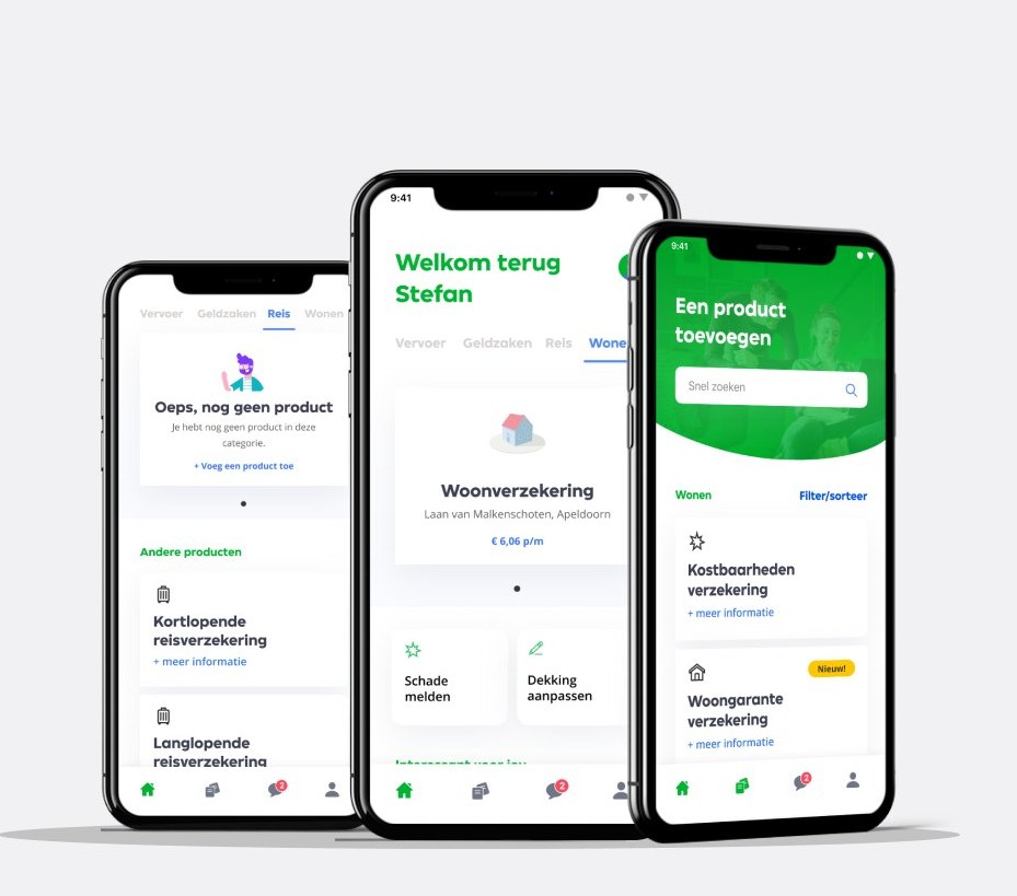De vernieuwde Centraal Beheer app op drie telefoons: dashboard, woonproduct en het toevoegen van een product