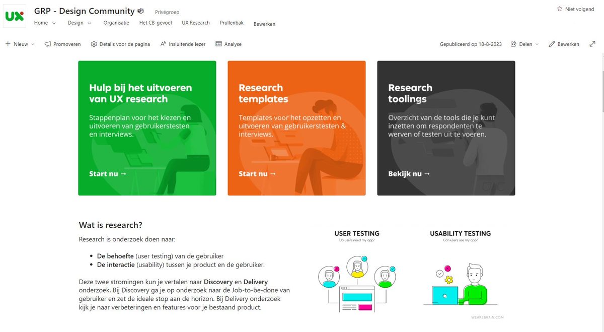 Het interne research-platform met drie ingangen: hulp bij uitvoeren, research templates en research toolings