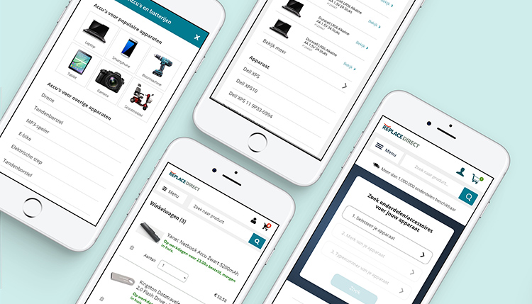 Sfeerbeeld van meerdere schermen uit het ReplaceDirect-redesign