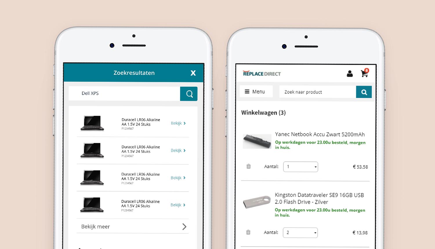Zoekresultaten en winkelwagen in het nieuwe ontwerp van ReplaceDirect