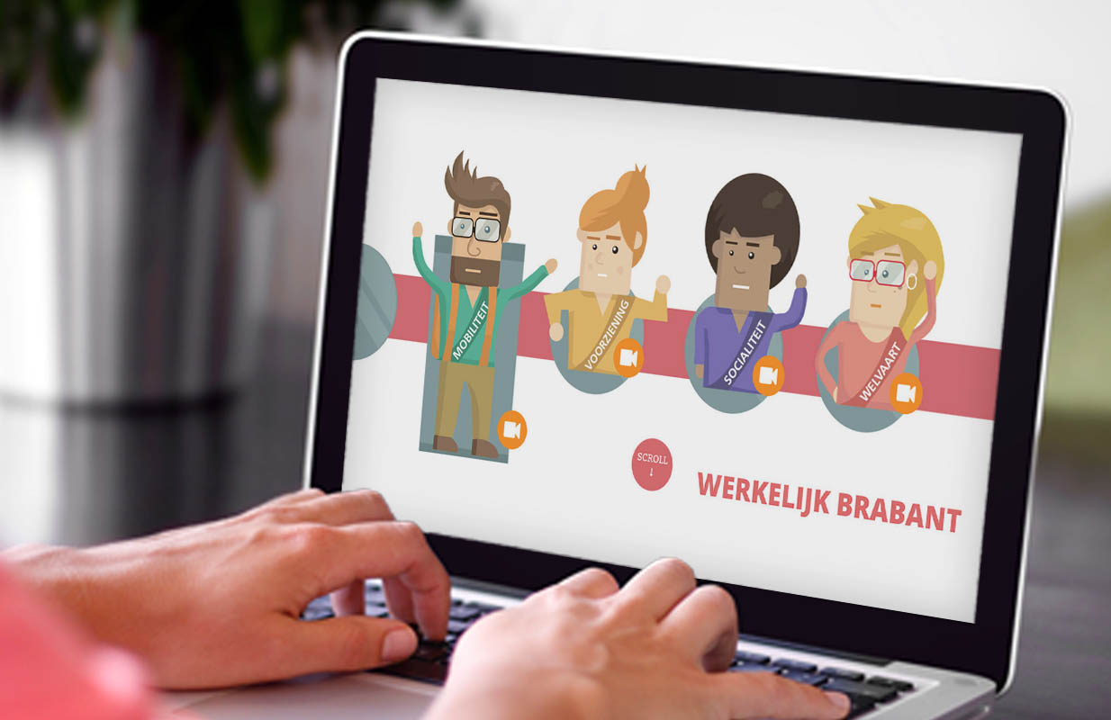 Het platform Werkelijk Brabant op een laptop, met vier karakters voor de thema's mobiliteit, voorziening, socialiteit en welvaart